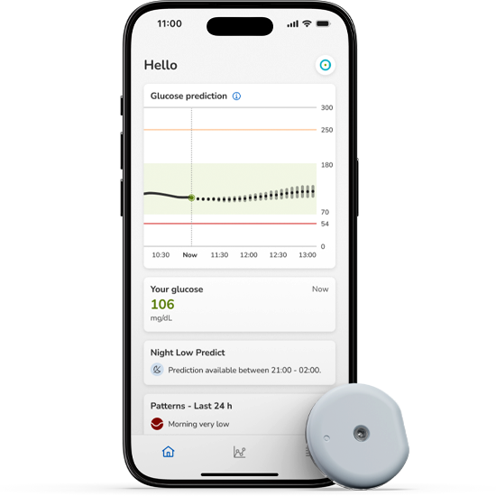 Bilden visar SmartGuide-applikatorn, Accu-Chek CGM-lösningen och SmartGuide-appskärmen.