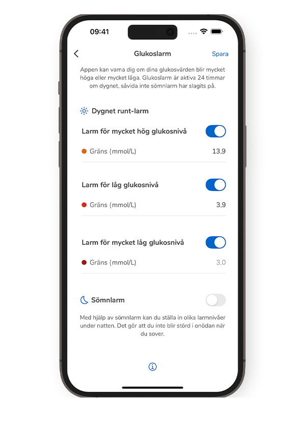 Skärmdump av Accu-Chek SmartGuide-appens sida Glukoslarm, som beskriver de larm som du kan aktivera.