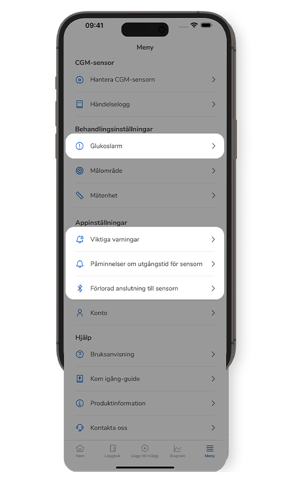 SmartGuide-appens skärm visar menyn och markerar glukoslarm, viktiga varningar, påminnelser om utgångstid för sensorn och inställningar för sensoranslutning.