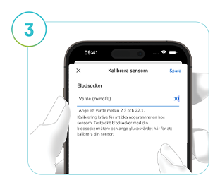 Skärmdump av SmartGuide-appens kalibreringsskärm, som beskriver hur man kalibrerar CGM-lösningen.