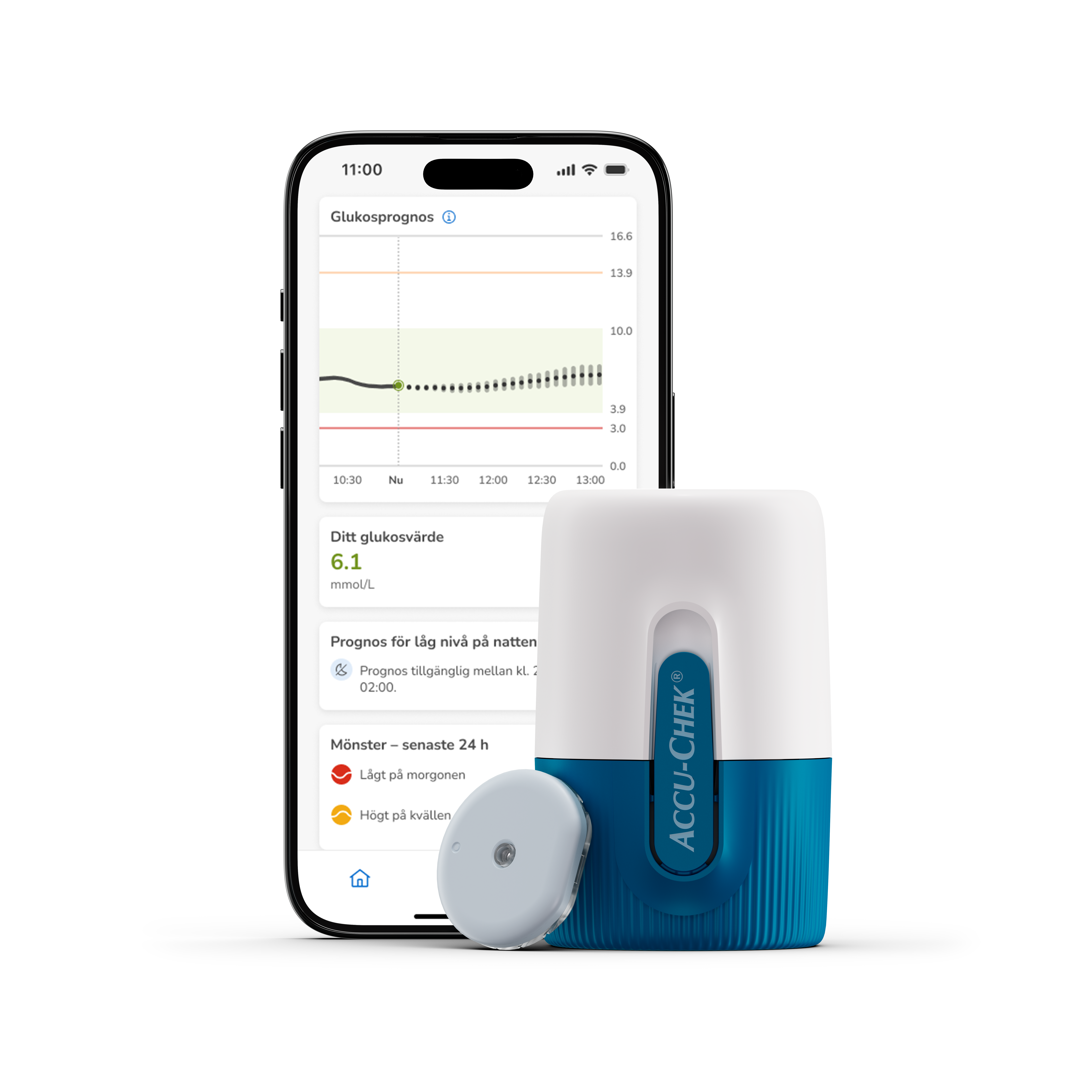 Bild av sensorn, applikatorn och en mobiltelefon som visar CGM-appens skärm