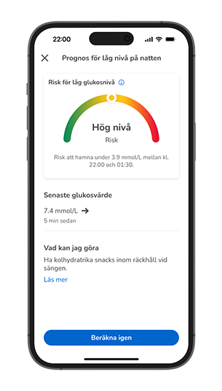 Telefonskärm som visar ”Hög” risk för låg glukosnivå under natten med ett värde på  6,1 mmol/l och rekommendation om att äta närbelägna kolhydratssnacks.