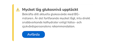 Popup-notis om mycket låg glukosnivå upptäckt i Accu-Chek SmartGuide-appen.