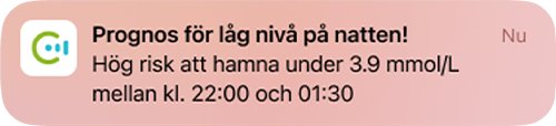 Prognos om låg nivå på natten” -pop up som informerar användaren om en mycket hög risk för hypoglykemi på natten