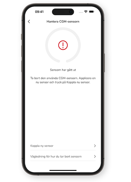 Skärmdump av skärmen för utgångna sensorer i SmartGuide CGM-lösningarna.