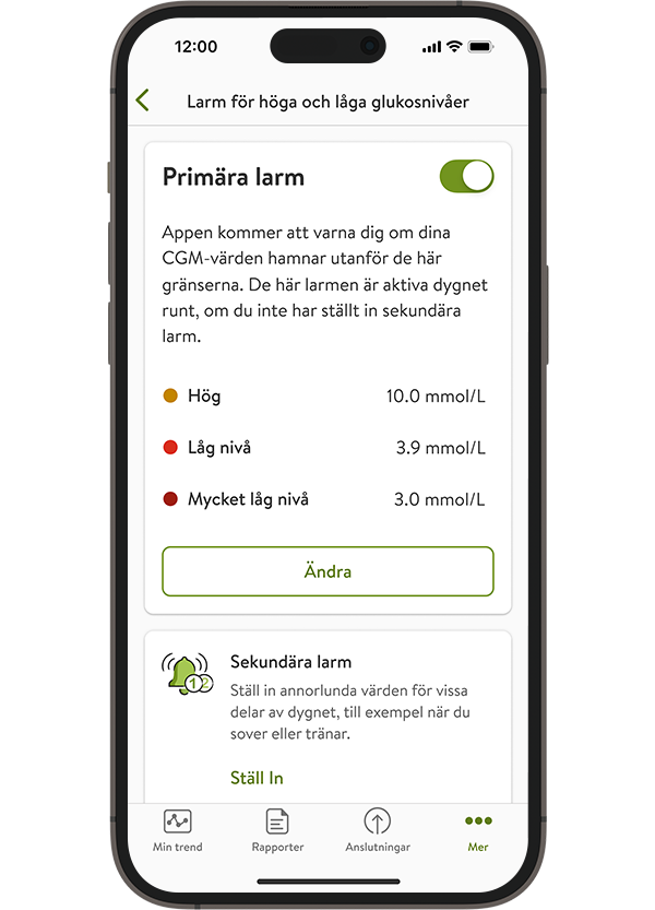 Skärmdump av sidan Glukoslarm i mySugr glukosinsikter som beskriver de larm som du kan aktivera.