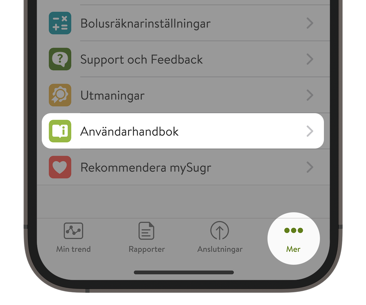 Skärmdump av mySugr appens hjälpavsnitt med användarhandboken markerad.