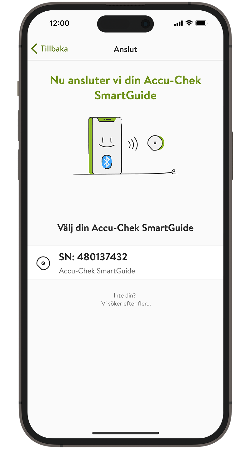 CGM-sensorns skärm om att CGM hittades, med matchande serienummer på den vridbara kåpan.