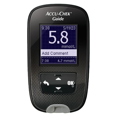 Bild som visar Accu-Chek Guide-blodsockermätare, avsedd för personer med diabetes