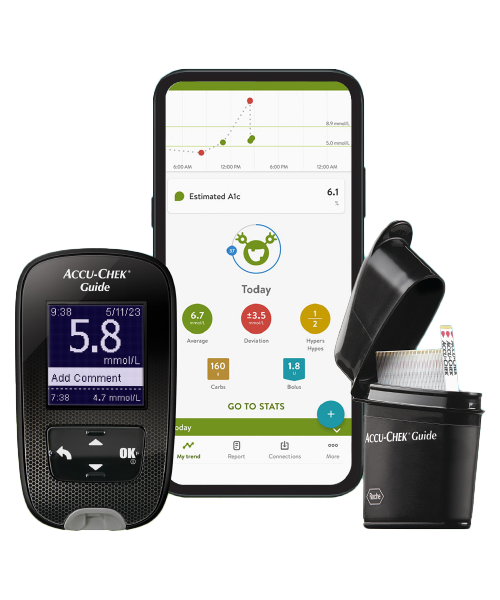 Bild som visar Accu-Chek Guide-blodsockermätare, testrmsorna och mySugr, avsedd för personer med diabetes