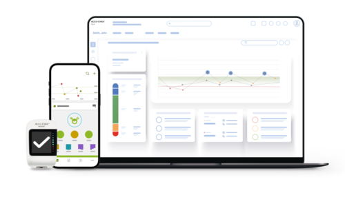 Bild som visar Accu-Chek Instant-blodsockermätare, testremsorna och mySugr, avsedd för personer med diabetes