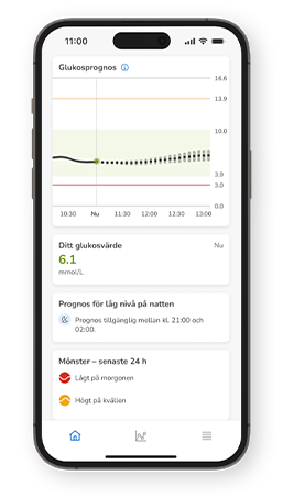 Glukosprognos på telefonen med aktuellt värde på 16,1 mmol/l och prognos för låg risk på natten från 21:00 till 02:00.