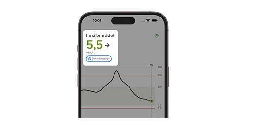 Telefonens skärm visar glukosnivån inom målområdet, markerad som "I målområdet", med förutsagd trend och målområde.