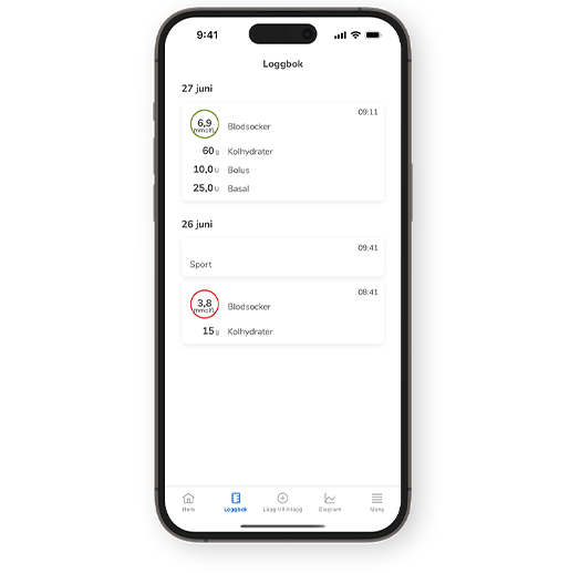 Skärmdump av skärmen Loggbok i SmartGuide CGM-lösningarna.