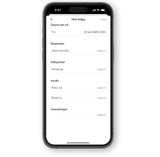  Skärmdump av skärmen Loggboksanteckning i SmartGuide CGM-lösningarna.