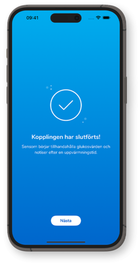 Skärmen Framgångsrikt slutförd parkoppling, information om uppvärmningstid och en Nästa-knapp längst ned.