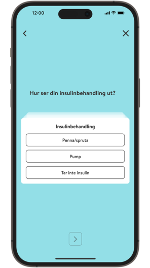 Skärmdump av mySugr-appens introduktionsprocess, som anger insulinbehandling.