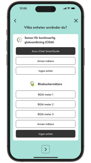  Skärmdump av mySugr-appens introduktionsprocess, välj insulinenhet.