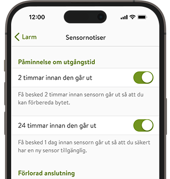 Skärmdump av mySugr appen som visar påminnelser om utgångstid för sensorn.
